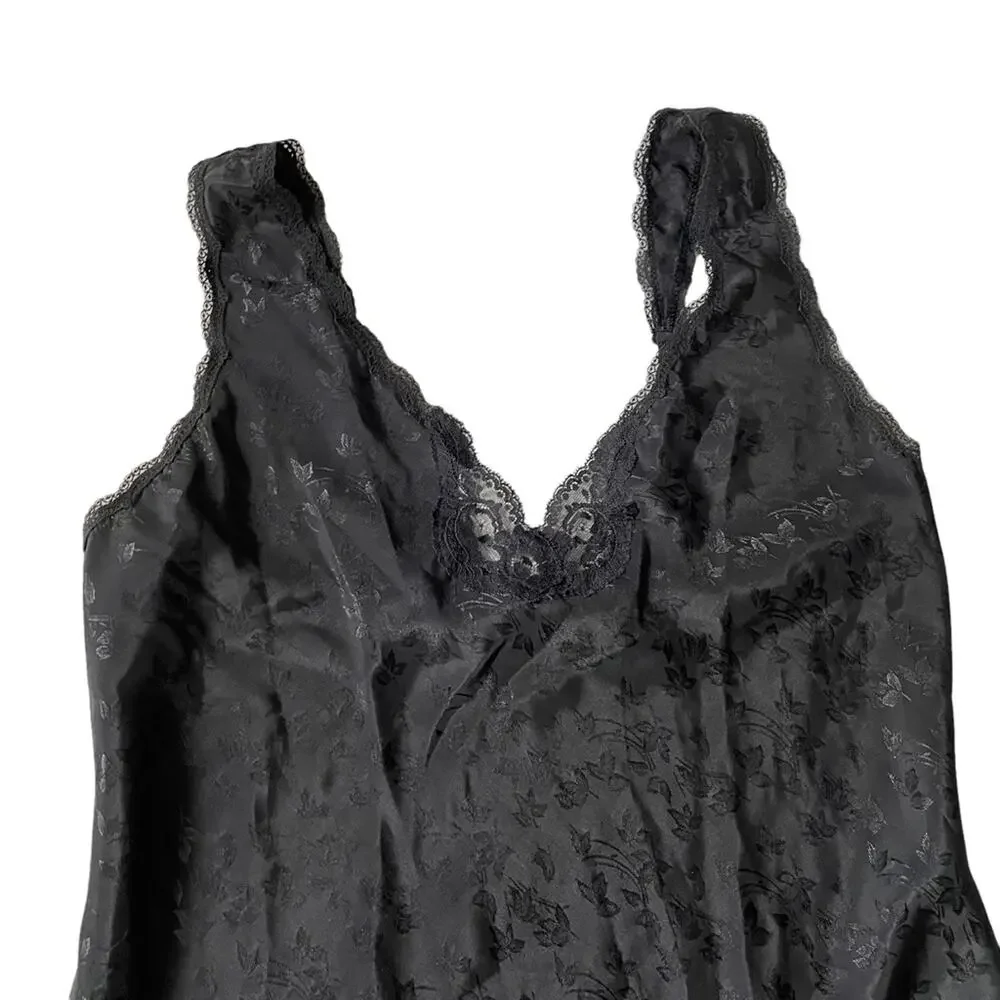Vintage 1970s Barbizon Slip Dress Midi Lace Trim Floral Vines Black L EUC - Picture 8 of 13